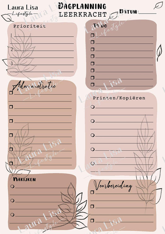 Dagplanning leerkracht - Nude: Plan je dag met dit minimalistische digitale dagplanningsbestand in nude tinten om je taken als leerkracht overzichtelijk te organiseren.