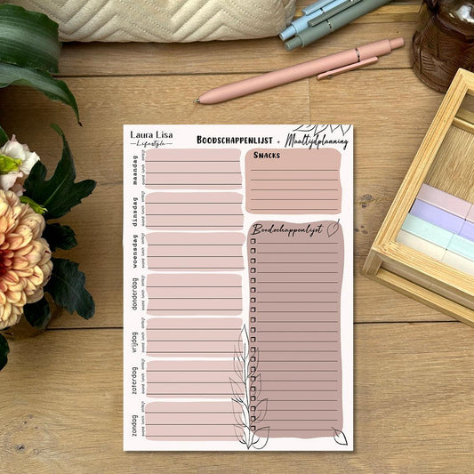 Maaltijdplanning + Boodschappenlijst - Nude: Plan je maaltijden en boodschappen met dit notitieblok in nude tinten. Het minimalistische design helpt je om je voeding te plannen en je boodschappen georganiseerd te houden.