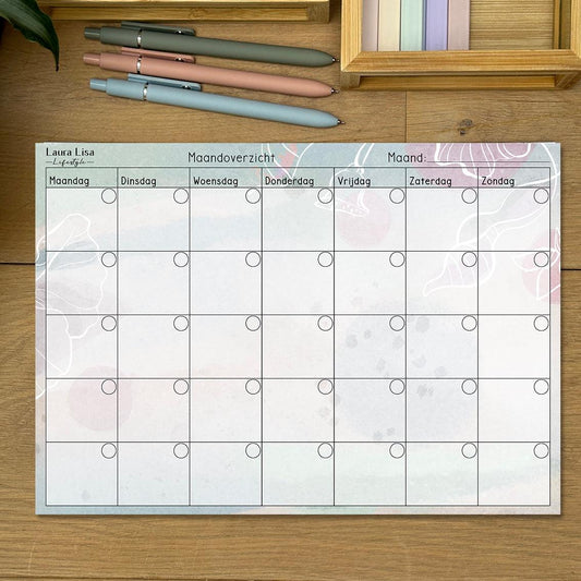 Maandoverzicht - Abstract: Breng structuur aan in je maandplanning met dit abstract ontworpen notitieblok. Gebruik de duidelijke secties om je maandelijkse doelen, taken en afspraken te ordenen en efficiënt te beheren.