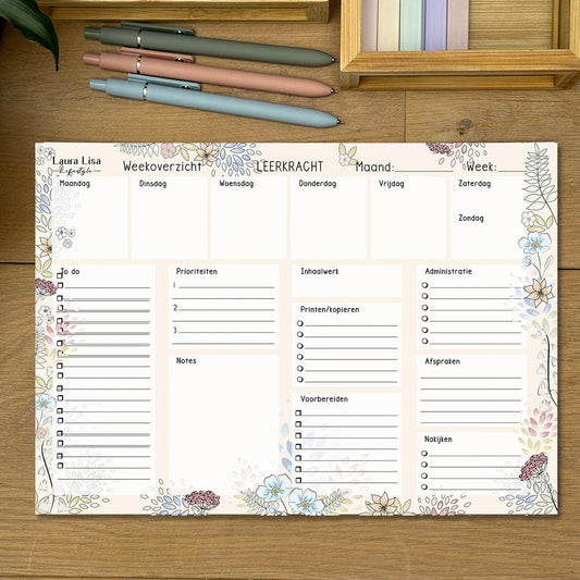 Weekoverzicht leerkracht - Bloem Decorand: Voeg een vleugje vrolijkheid toe aan je lesplanning met dit bloemrijk weekoverzicht notitieblok. Gebruik het bloemen decorand design om je agenda te personaliseren en je week te organiseren.