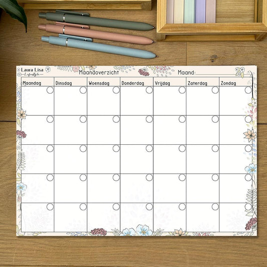 Maandoverzicht - Bloem Decorand: Voeg een vleugje vrolijkheid toe aan je maandplanning met dit bloemrijk notitieblok. Gebruik het bloemen decorand design om je taken, afspraken en doelen voor de maand te organiseren en efficiënt te beheren.