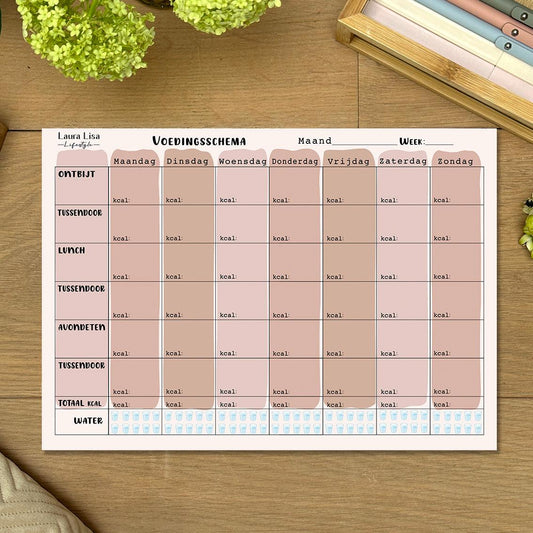 Voedingsschema - Nude: Plan je maaltijden voor de dag met dit notitieblok in nude tinten. Het minimalistische design helpt je om je voedingspatroon overzichtelijk te organiseren en gezonde keuzes te maken gedurende de dag.