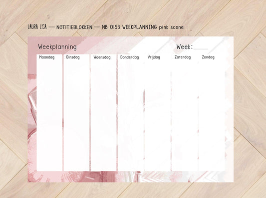 Weekplanning - Pink Scene: Plan je week met dit notitieblok, voorzien van een roze scene design. Houd je week overzichtelijk en voeg een vleugje kleur toe aan je planning met dit creatieve notitieblok.