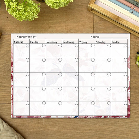 Maandoverzicht - Flowers: Verfraai je maandplanning met dit notitieblok, gedecoreerd met levendige bloemen. Organiseer je maandtaken en laat je inspireren door de natuurlijke schoonheid van dit notitieblok.