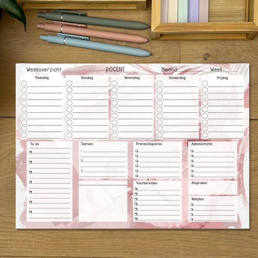 Weekplanning Docenten - Pink Scene: Plan je lesweek met dit notitieblok, voorzien van een roze scene design. Houd je lesrooster overzichtelijk en voeg een vleugje kleur toe aan je weekplanning.