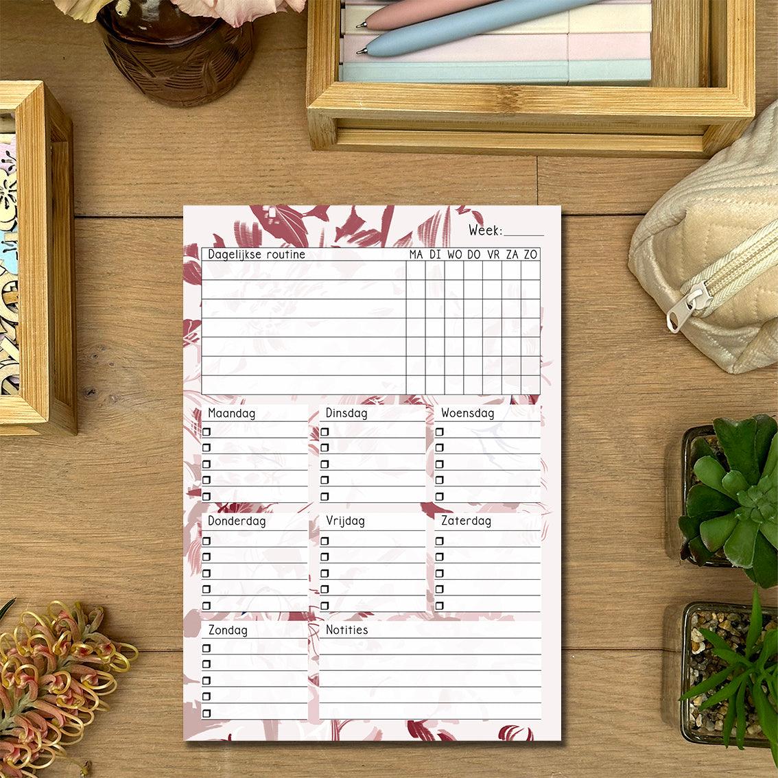 Blanco Schema - Flowers: Verfraai je weekplanning met dit notitieblok, gedecoreerd met levendige bloemen. Organiseer je weektaken en laat je inspireren door de natuurlijke schoonheid van dit notitieblok.