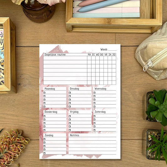 Blanco Schema - Pink Scene: Plan je weektaken met dit notitieblok, voorzien van een roze scene design. Houd je weekplanning overzichtelijk en voeg een vleugje kleur toe aan je wekelijkse organisatie.