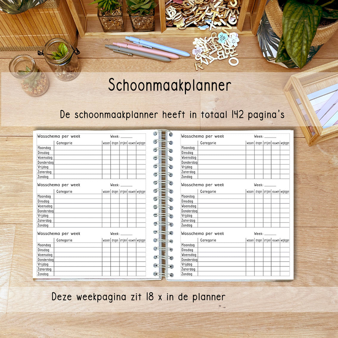 Wekelijkswasschema: Een schema voor de wekelijkse wasroutine uit de Laura Lisa Schoonmaak Planner, inclusief taken en dagen van de week.