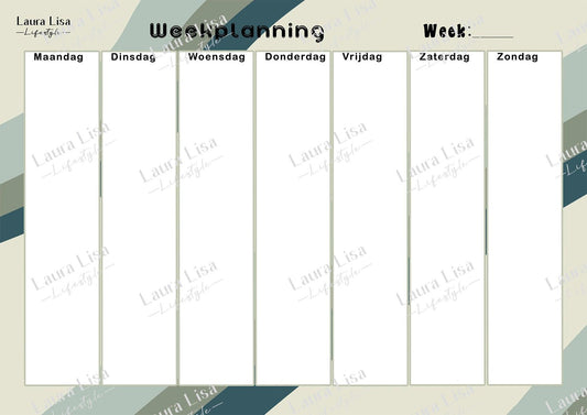 Digitale weekplanning - Green Strokes: Breng structuur aan in je weekplanning met dit bestand versierd met groene strepen en behoud een georganiseerde agenda voor je weekactiviteiten.