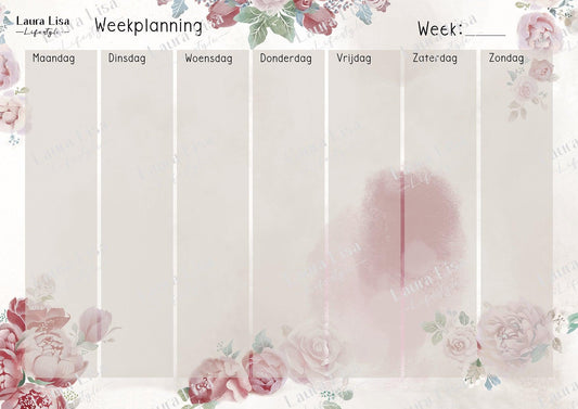 Digitale weekplanning - Pioenrozen: Creëer een georganiseerde digitale weekplanning met dit bestand, gedecoreerd met levendige pioenrozen, voor een kleurrijke en gestructureerde aanpak van je weekactiviteiten.